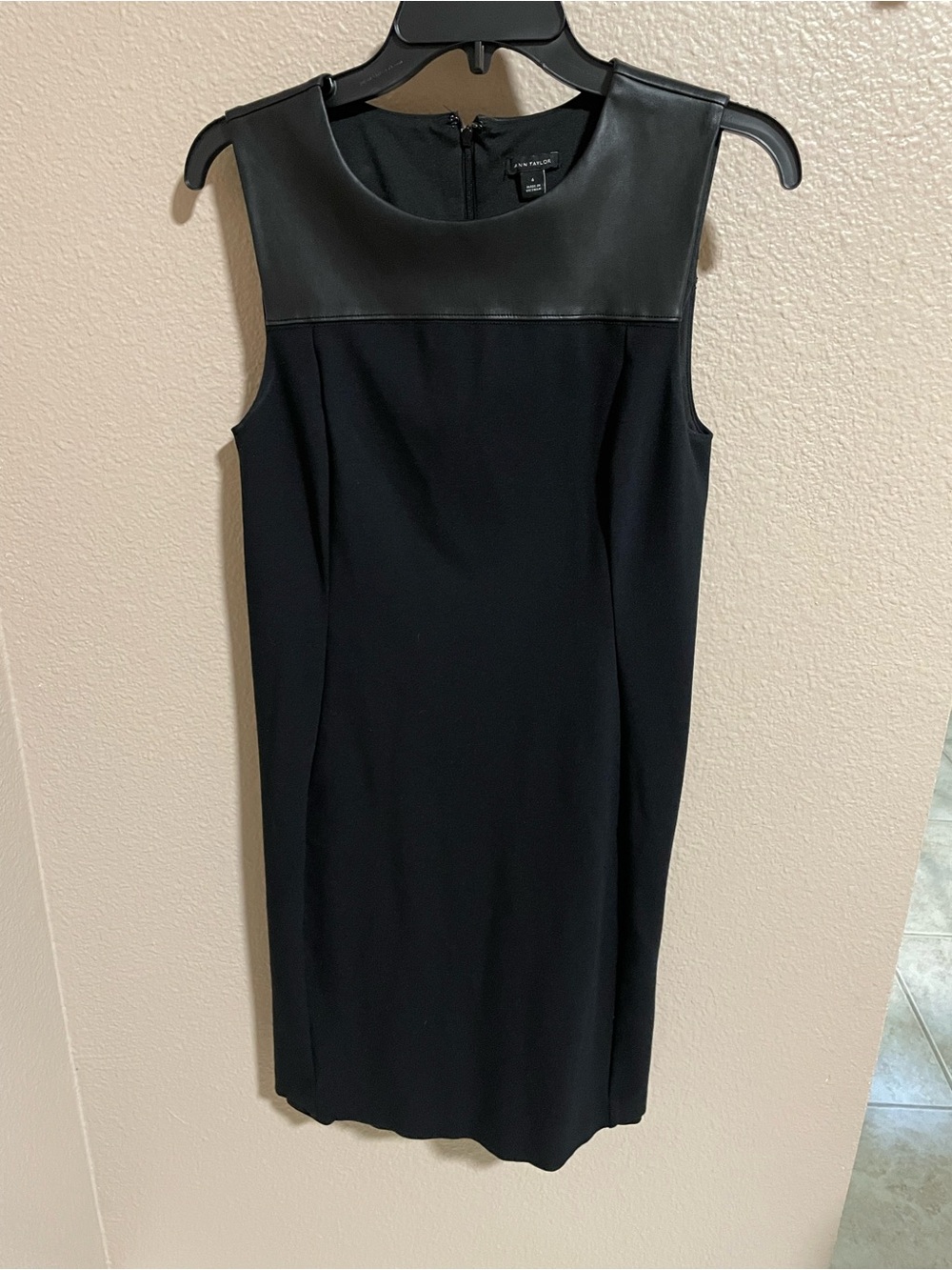 Ann Taylor Sleeveless Black Sheath Dress with Leather Yoke